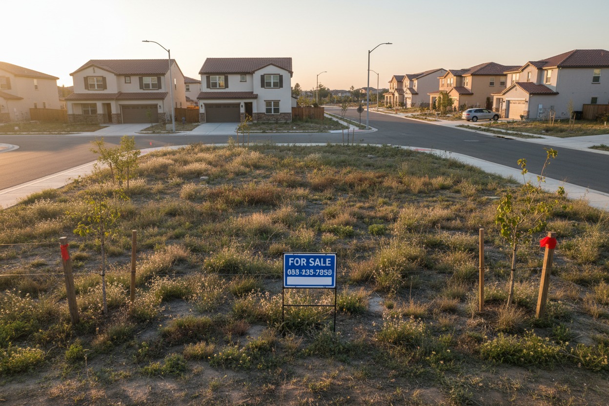 Un terreno baldío cubierto de maleza con un cartel de venta en una zona residencial.