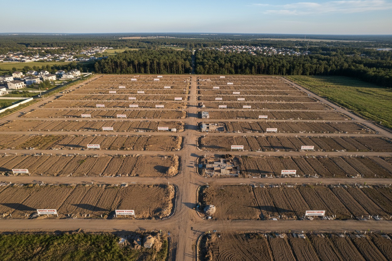 Vista aérea de una urbanización en construcción con numerosas parcelas de terreno divididas por caminos de tierra.