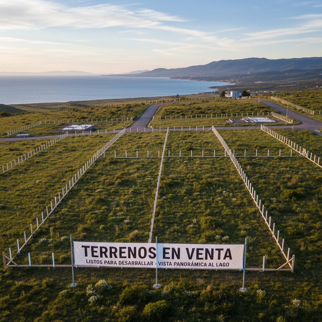 Vista aérea de terrenos delimitados en venta con vistas al mar y montañas al fondo.